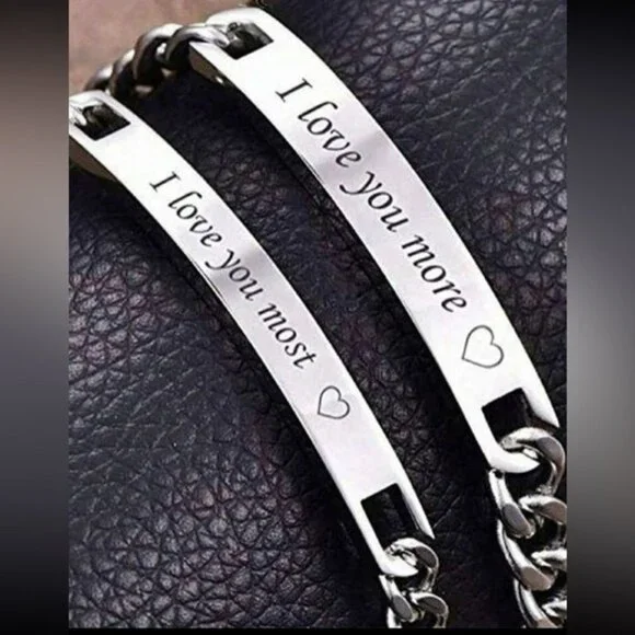 2pcs Set Simple Titanium Steel Engraved I Love You More\ I Love You Most Couple - Picture 1 of 5